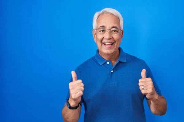 Middle Age Man Grey Hair Standing Blue Background Success Sign — Stock Photo, Image
