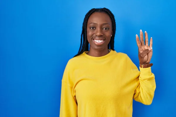 Beautiful Black Woman Standing Blue Background Showing Pointing Fingers Number — Fotografia de Stock