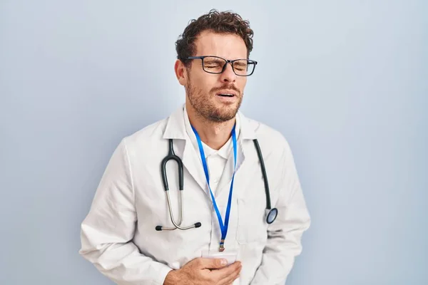 Young Hispanic Man Wearing Doctor Uniform Stethoscope Hand Stomach Because — Stock Photo, Image