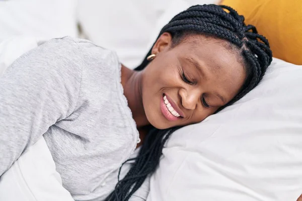 African American Woman Smiling Confident Lying Bed Bedroom —  Fotos de Stock