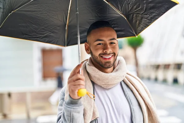 African American Man Smiling Confident Holding Umbrella Street — Stock Photo, Image
