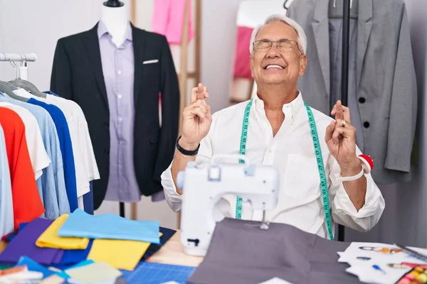 Middle Age Man Grey Hair Dressmaker Using Sewing Machine Gesturing — Stock Photo, Image