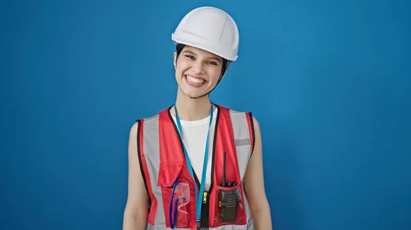 Young Beautiful Hispanic Woman Builder Smiling Confident Standing Isolated Blue — Stock Photo, Image