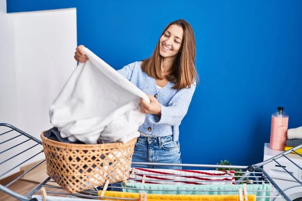 Young Woman Smiling Confident Hanging Clothes Clothesline Laundry Room — Stock Photo, Image
