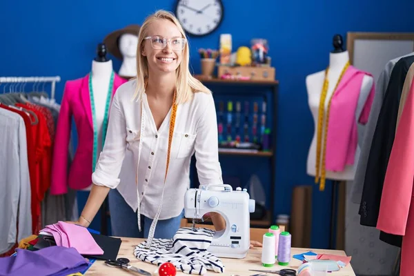 Young Blonde Woman Tailor Smiling Confident Standing Sewing Studio — Stock Photo, Image