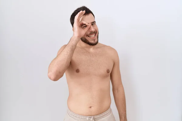 Young Hispanic Man Standing Shirtless White Background Doing Gesture Hand — Stock Photo, Image