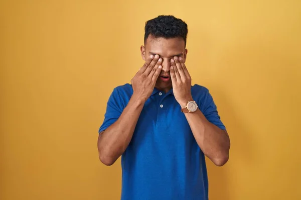 Young Hispanic Man Standing Yellow Background Rubbing Eyes Fatigue Headache — Stock Photo, Image