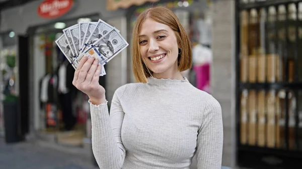 Young Blonde Woman Smiling Confident Holding Dollars Street — 스톡 사진