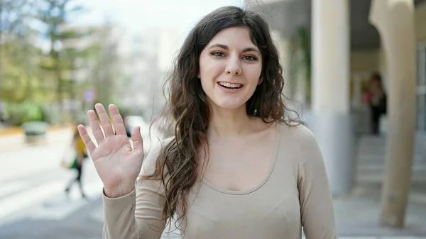 Young Beautiful Hispanic Woman Smiling Confident Saying Hello Hand Street — Stock Photo, Image