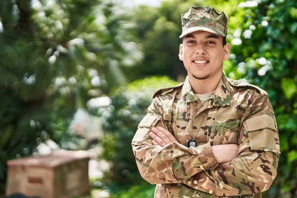 Young Man Army Soldier Standing Arms Crossed Gesture Park — Stock Fotó