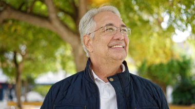 Orta yaşlı, gri saçlı, gülümseyen, kendine güvenen bir adam parka bakıyor.