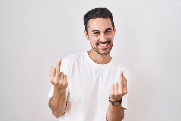 Handsome Hispanic Man Standing White Background Showing Middle Finger Doing — Φωτογραφία Αρχείου