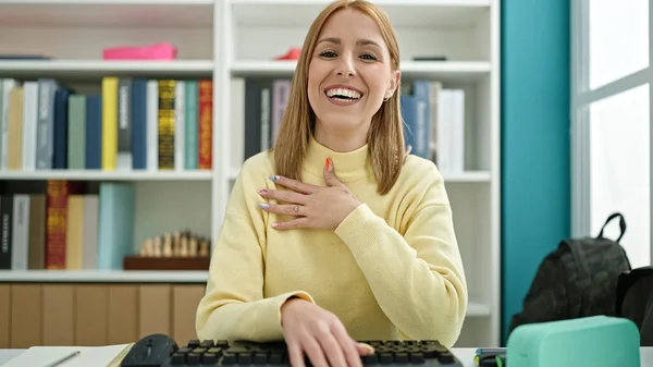 Young Blonde Woman Student Smiling Confident Having Video Call University — Fotografia de Stock