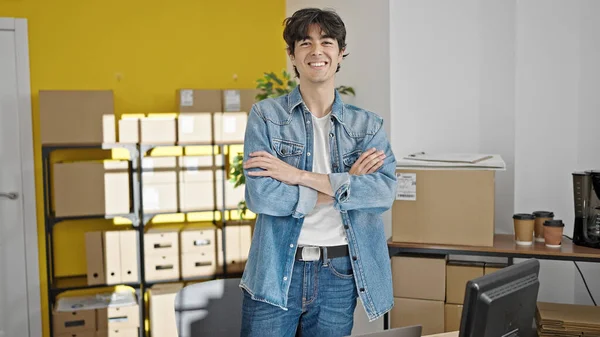 Young Hispanic Man Ecommerce Business Worker Standing Arms Crossed Gesture — Stockfoto