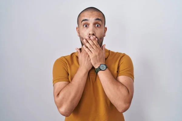 Hispanic Man Beard Standing White Background Shocked Covering Mouth Hands — Stock Photo, Image