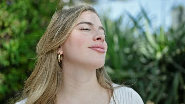 Young Blonde Woman Breathing Closed Eyes Park — Stock Photo, Image