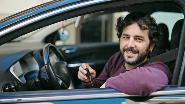Young Hispanic Man Smiling Confident Holding Key New Car Street — Stock Photo, Image