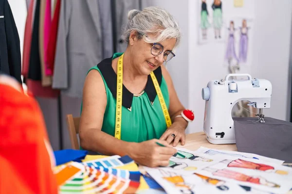 Middle Age Grey Haired Woman Tailor Smiling Confident Drawing Clothing — Stock Photo, Image