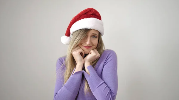 Νεαρή Ξανθιά Γυναίκα Χαμογελαστή Αυτοπεποίθηση Φορώντας Χριστουγεννιάτικο Καπέλο Πάνω Από — Φωτογραφία Αρχείου