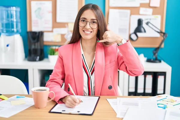 Young Hispanic Woman Working Office Wearing Glasses Smiling Doing Phone — Stok fotoğraf