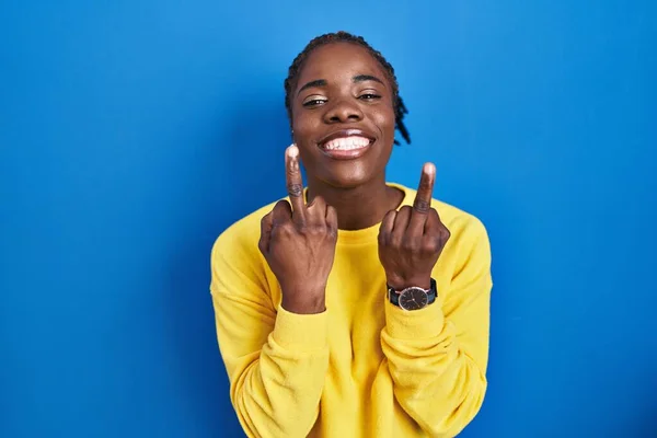 Beautiful Black Woman Standing Blue Background Showing Middle Finger Doing — Photo