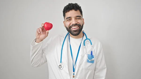 Young Hispanic Man Doctor Smiling Holding Heart Isolated White Background — Stock Photo, Image