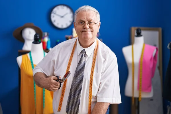 Middle Age Grey Haired Man Tailor Smiling Confident Holding Scissors — Stock Photo, Image