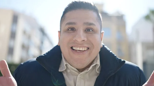 Young Hispanic Man Standing Surprise Expression Street — Stockfoto