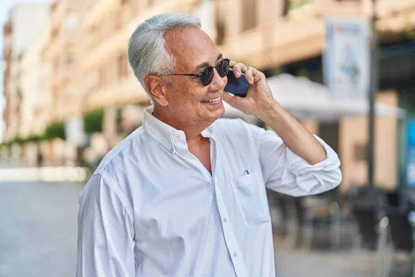 Middle Age Grey Haired Man Smiling Confident Talking Smartphone Street — Stock Photo, Image