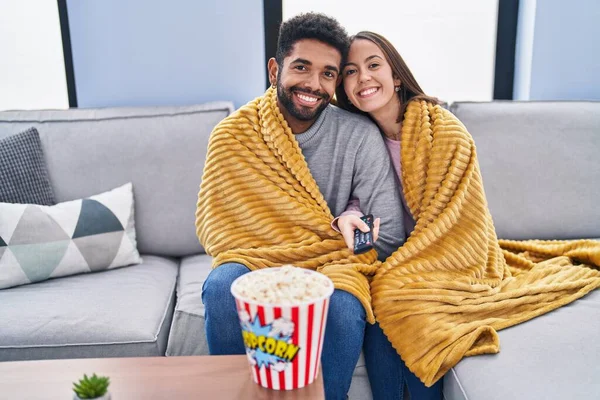 Man Woman Couple Watching Movie Sitting Sofa Home — Photo