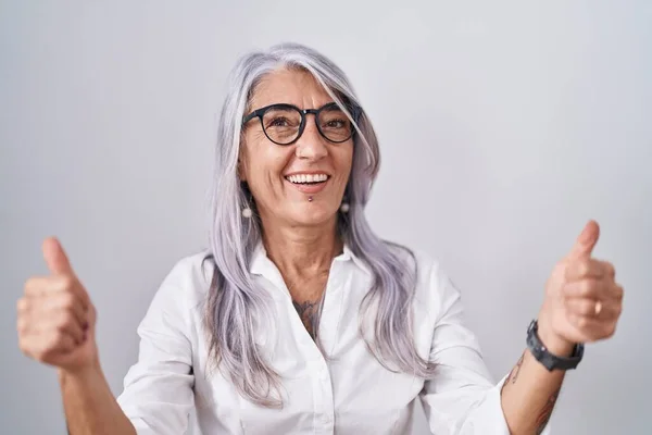 Middle Age Woman Tattoos Wearing Glasses Standing White Background Success — Stock Photo, Image