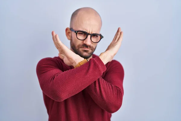 Young Bald Man Beard Standing White Background Wearing Glasses Rejection — Stock Photo, Image