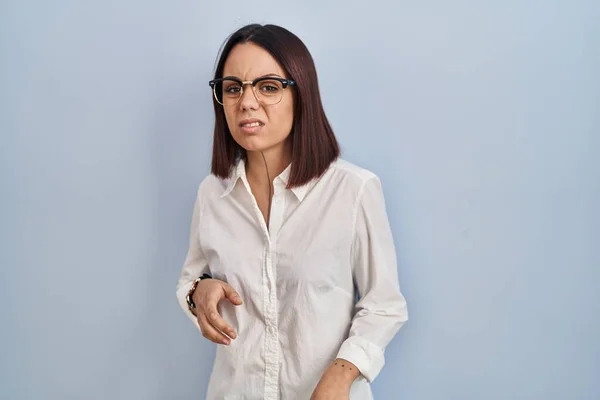 Young Hispanic Woman Standing White Background Disgusted Expression Displeased Fearful — Foto de Stock