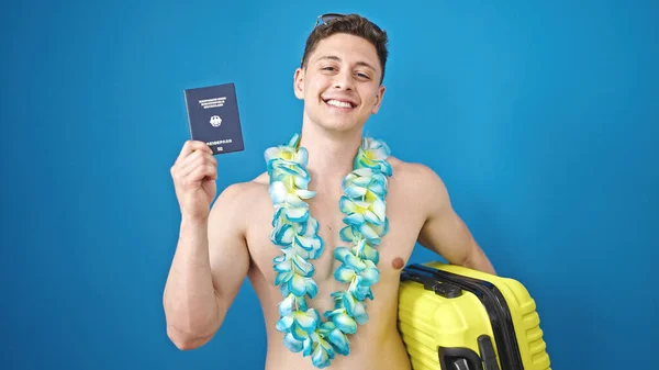 Young Hispanic Man Tourist Holding Deutschland Passport Suitcase Isolated Blue — Stock Photo, Image