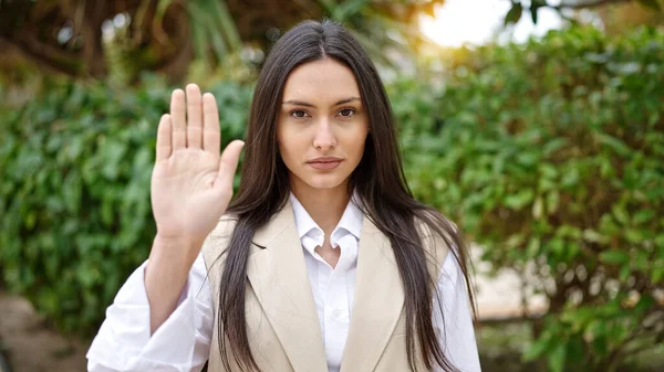 Young Beautiful Hispanic Woman Doing Stop Gesture Hand Park — Stock Photo, Image