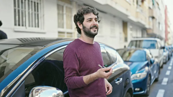 Young Hispanic Man Smiling Confident Holding Key New Car Street — Zdjęcie stockowe