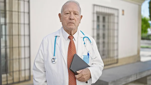 Senior Γκριζομάλλης Γιατρός Στέκεται Σοβαρή Έκφραση Κρατώντας Touchpad Στο Δρόμο — Φωτογραφία Αρχείου
