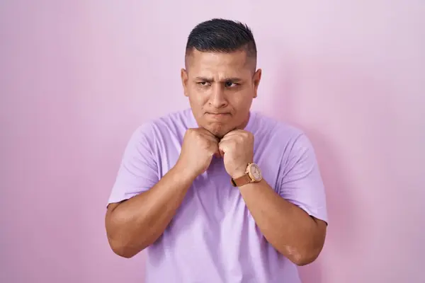 Young Hispanic Man Standing Pink Background Laughing Nervous Excited Hands —  Fotos de Stock