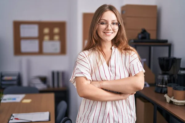 Young Blonde Woman Business Worker Standing Arms Crossed Gesture Office — Stockfoto