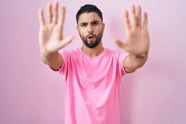 Hispanic Young Man Standing Pink Background Doing Stop Gesture Hands — Stock Photo, Image