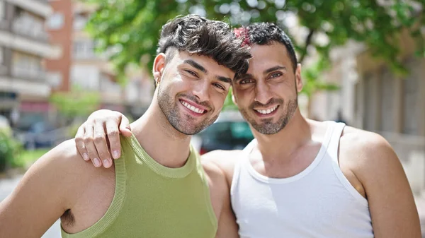 Two Men Couple Smiling Confident Hugging Each Other Street — Fotografia de Stock