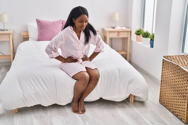 Young African American Woman Suffering Stomachache Bedroom — Photo