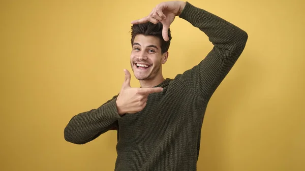 Young Hispanic Man Smiling Confident Doing Photo Gesture Hands Isolated — Foto de Stock