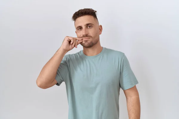 Hispanic Man Beard Standing White Background Mouth Lips Shut Zip — Stock Photo, Image