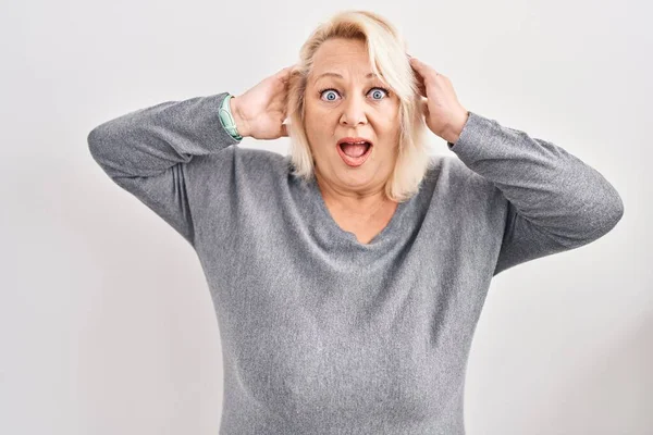 Middle Age Caucasian Woman Standing White Background Crazy Scared Hands — Stock Photo, Image