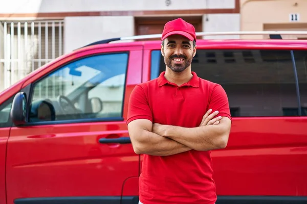 Young Hispanic Man Courier Standing Arms Crossed Gesture Street — Stockfoto
