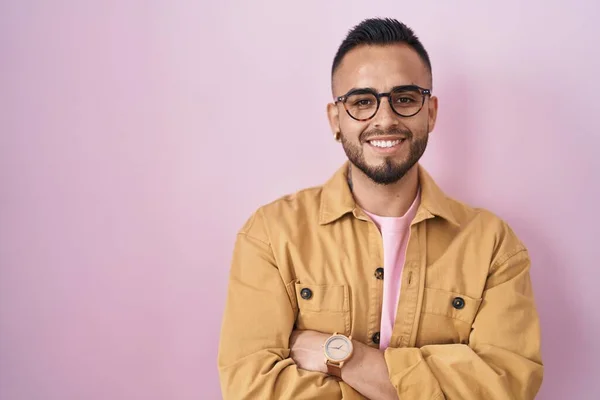 Young Hispanic Man Standing Pink Background Happy Face Smiling Crossed — Stock Photo, Image