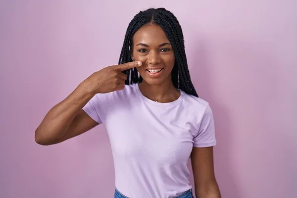 African American Woman Braids Standing Pink Background Pointing Hand Finger — Stock Photo, Image