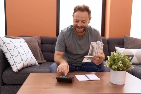 Middle Age Man Smiling Confident Counting Dollars Home — Stock Photo, Image