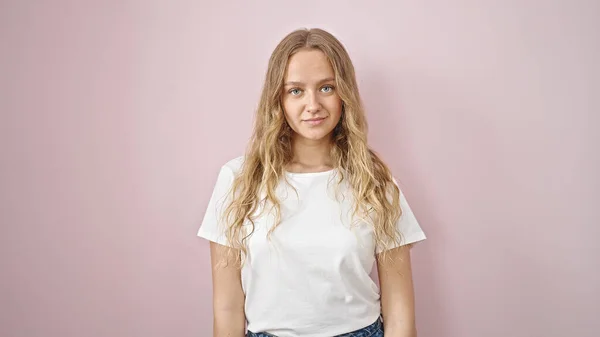 Young Blonde Woman Standing Serious Expression Isolated Pink Background —  Fotos de Stock